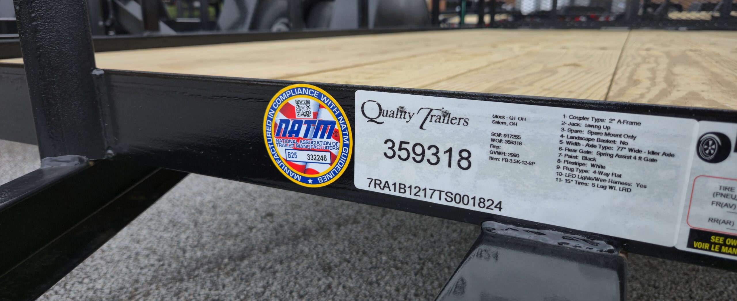 77x12 quality trailer for sale manufacturer label detail